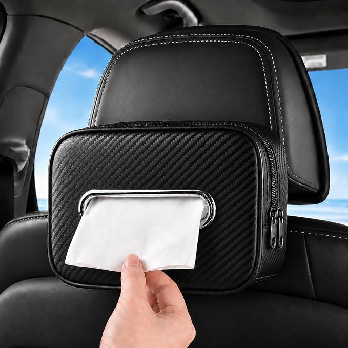Carbon Fiber Texture Car Tissue Holder, Extra Large Car Tissue Box Holder for 120–230 Count Rectangular Tissue Boxes, Wider Opening, Dual Zipper, Fits Headrests, Consoles, and Seat Backs by Cozilo