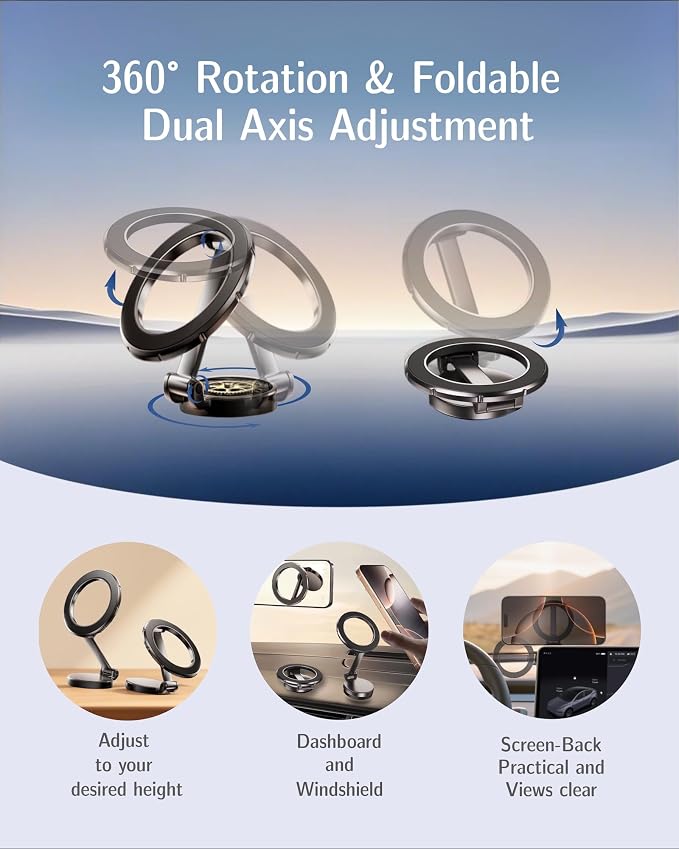 AAF for MagSafe Car Mount, Ultra-Strong Magnetic Phone Holder for Car &Bed &Desk Compact Dashboard Windshield, All Metal 360°Free Rotation [One-Hand Adjustable] Foldable, Easy Setup for iPhone Android - Image 3