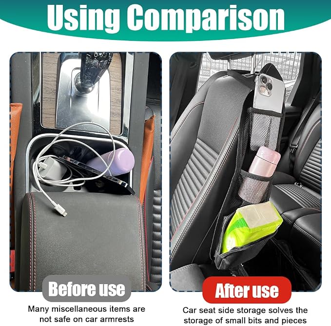 2PCS Car Seat Storage Hanging Bag, Car Seat Side Organizer, Multifunctional Cars Mesh Net Pocket, Multi-Pocket Seats Side Storage Interior Accessories Universal for Cars SUV (Black, 2PCS) - Image 5
