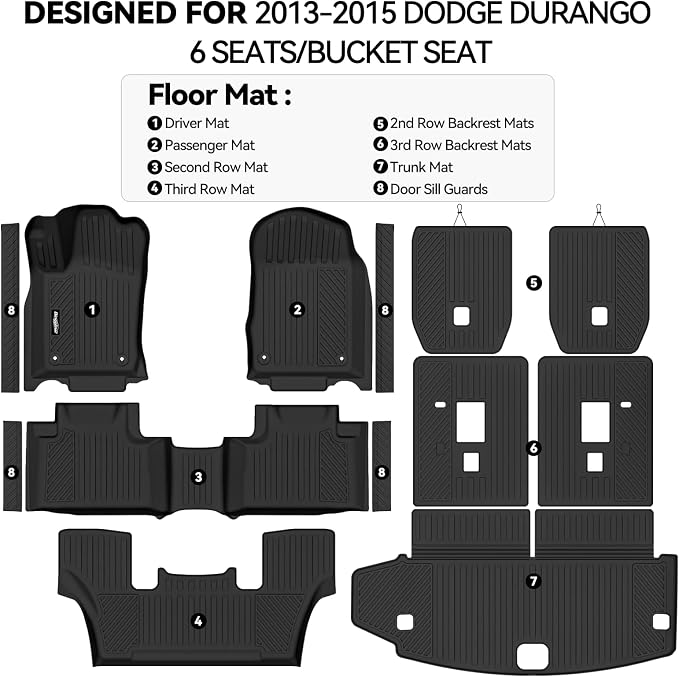 Floor Mats for 2013-2015 Dodge Durango 6 Seats/Captain Seat | Trunk Mat and 2nd/3rd Backrest Mat & Door Sill Guard All Weather TPE Protector Full Set Interior Accessories Floor Liners - Image 2