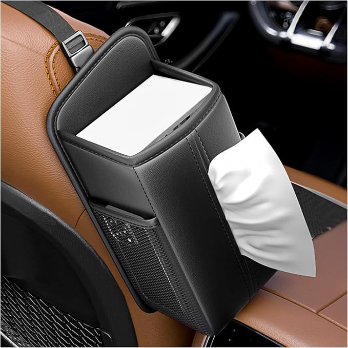 Car Tissue Holder, Rectangular Waterproof Auto Seat Side Tissue Box with Mesh Pocket, Multifunctional Leather Napkin Holder Hanging Storage Box for Vehicle Front Seat by Unknown