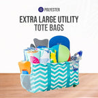 Extra Large Utility Tote Bag - Oversized Collapsible Reusable Wire Frame Rectangular Canvas Basket With Two Exterior Pockets For Beach, Pool, Laundry, Car Trunk, Storage - Chevron Teal - Image 8