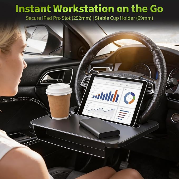 2-in-1 Steering Wheel Tray & Seat Gap Organizer | Portable Steering Wheel Desk with Cup Holder & Pad Slot, Car Food Desk for Laptop, Working, Eating, Multipurpose Accessories - Image 2
