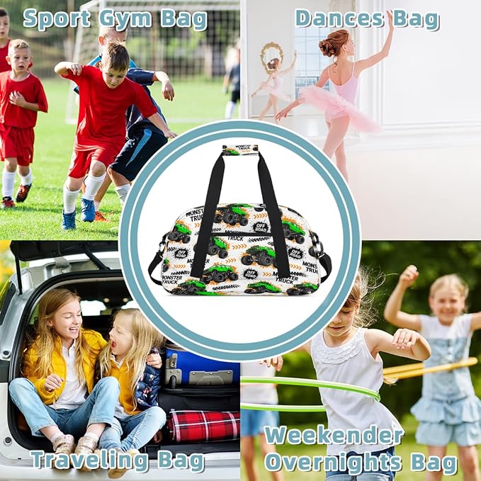 Gym Travel Duffle Bag for Boys - Kids Overnighter Weekend Bag with Front Zipper Pocket for School Practice, Green Monster Car Trucks Teens Carry-On Size Sleepover Bags - Image 6