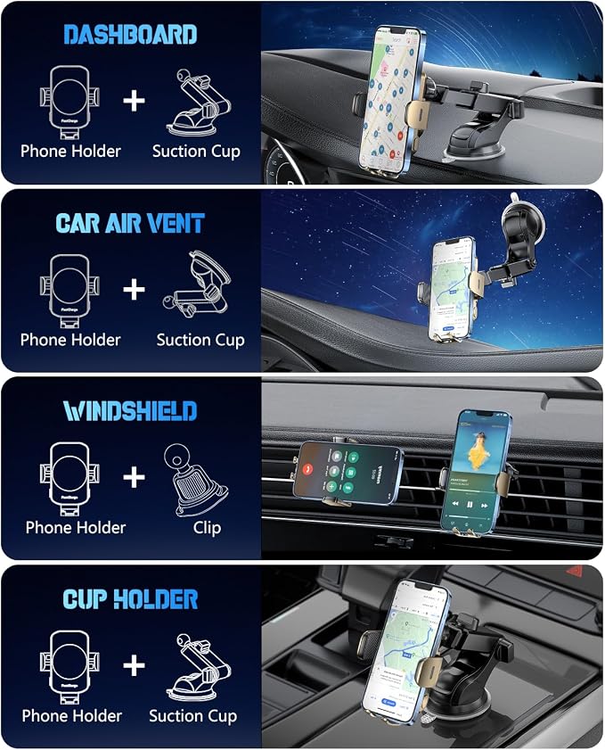 3-in-1 Wireless Car Charger Mount, 15W Fast Charging Auto-Clamping Phone Holder for iPhone 17 16 15 14, Samsung Galaxy S24 S23, Dashboard, Vent & Windshield Car Mount(Amber Yellow) - Image 3