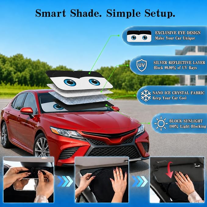 Car Windshield Sun Shade, Universal Fit Midsized Sedan SUV, Classic Black | 61 x 31.5" Windshield Cover, Foldable Front Window Sunshade, UV Heat Protection, Cute Eyes Series - Image 4