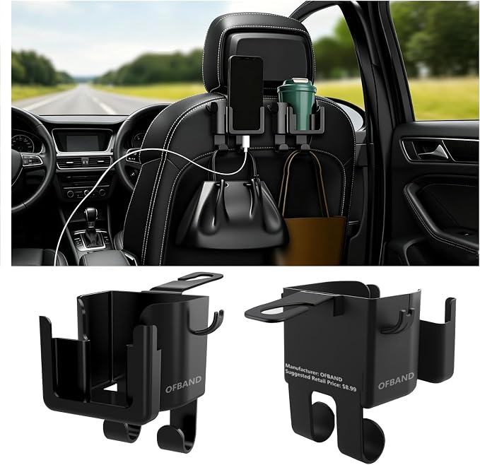 OFBAND 2PCS Multifunctional Car Cup Holder + Car Phone Holder + Car Purse Hook,Hanging Back Seat Car Organizer with Headrest Hooks,Universal Car Organizer Car Accessories Interior by OFBAND