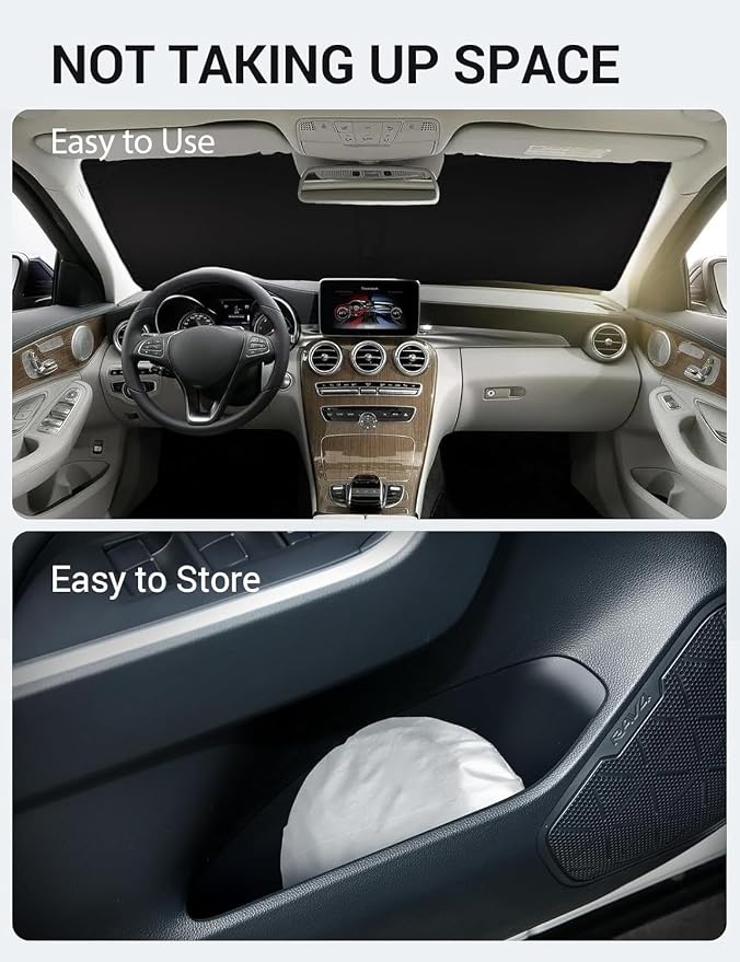Proadsy Custom Fit 2008-2014 Benz C Class Windshield Sun Shade, Blocks Heat | 240T Heat Shield, Drops Temp 54°F, Blocks 99% UV, Prevents Dashboard Cracking, Summer Parking & Beach Trips, Easy Twist-Fold - Image 9