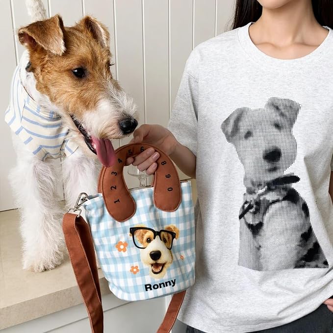 Personalized Pet Portrait Canvas Handbag Custom Dog Cat Mom Gift with Name | Plaid Bucket Bag with Number Handle & Crossbody Strap, Unique Gift for Pet Lovers - Image 3