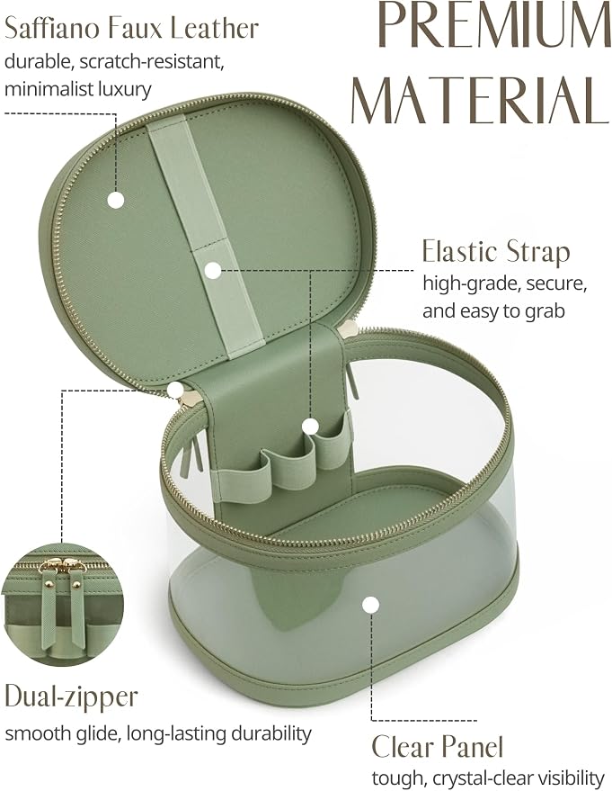 Travel Makeup Case Clear Vanity Bag with Brush Holder, Compact Leather Train Case Sage Green Make Up Bag Storage Organizer Luxury Cosmetic Case Travel Essentials Cute Portable with Handle - Image 5