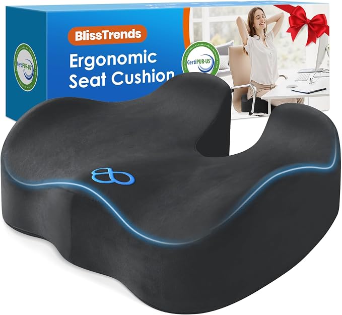 BlissTrends Memory Foam Seat Cushion for Office Chair & Car Seat, Grey | Ergonomic Tailbone & Sciatica Support with Removable Velvet Cover for Pressure Relief and Long Sitting Comfort, 3.3" Thick by BlissTrends