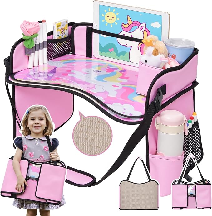 Kids Travel Tray for Car, Girl's Safety Seat Table | Weight-Relief Strap, Non-Skid Silicone Base, Waterproof Dining/Craft Mat, Carseat/Airplane Lap Desk by OUOZZZ