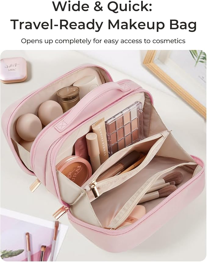 BAGSMART Travel Makeup Bag, Make Up Bag with Multiple Compartments for Organizer, Compact & Durable Cosmetic Organizer for Women for Travel Accessories (Pink - Image 3