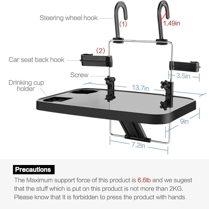 Foldable Car Seat Back Portable Tray for Food Dining Drink and Laptop, Hanging Car Steering Wheel Tray (Black) - Image 5