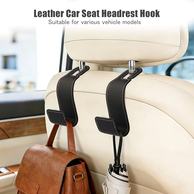 2-Pack Car Headrest Hooks, 1.1-Inch Wide Purse Hangers, Black | Microfiber leather hooks with built-in metal cores keep purses, groceries and backpacks organized and within reach - Image 2