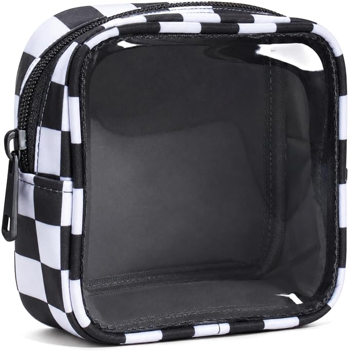 Clear Checkered Makeup Bag, Small Cosmetic Pouch with Zipper Mini Waterproof Makeup Purse Organizer Cute Cosmetic Bag Travel TSA Approved Toiletry Bag Car Organizer for Women Girls (Black) by FFpaw