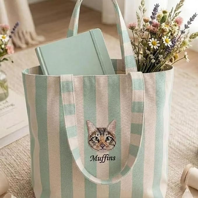 Custom Embroidered Pet Portrait Striped Tote Bag Personalized Dog Cat Mom Gift with Name Large Canvas Beach Shopping Tote for Women Reusable Summer Shoulder Bag - Image 2