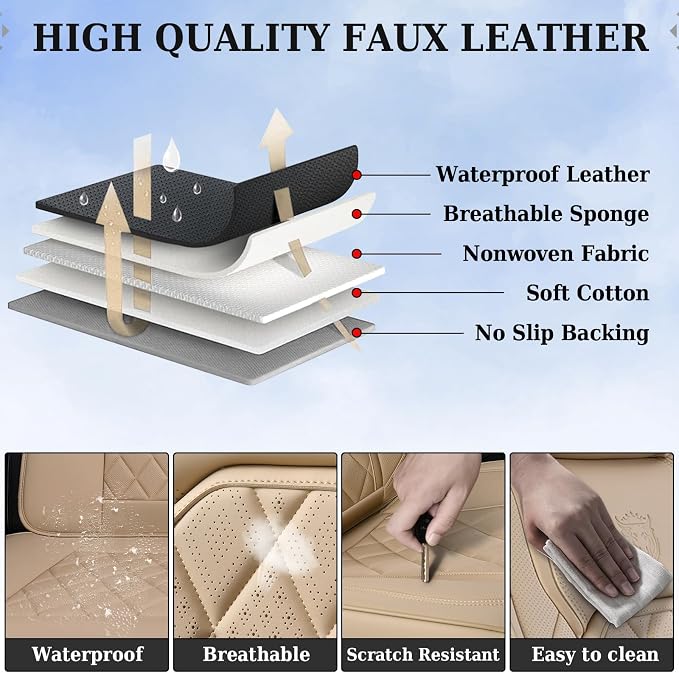 Coverado Leather Seat Covers, Car Seat Covers Full Set, Waterproof Faux Leather Beige Seat Covers, Car Seat Protectors 5 Seats, Automotive Seat Covers Universal Fit for Most Cars SUV Trucks, Beige - Image 7