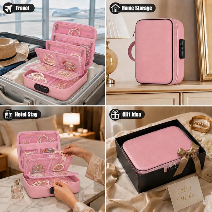 Fireproof Travel Jewelry Organizer Case with Lock & 6 Binder Pages | Silicone-Coated Fiberglass, Tangle-Reducing Layout Clear Storage Book for Necklaces Earrings Rings Bracelets-Bag Only Pink - Image 8