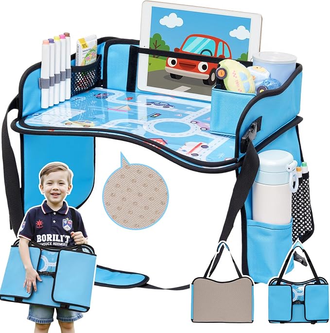 Kids Travel Tray for Car, Boy's Safety Seat Table, Carseat Lap Desk | Weight-Relief Strap, Non-Skid Silicone Base, Waterproof Dining/Craft Mat by OUOZZZ