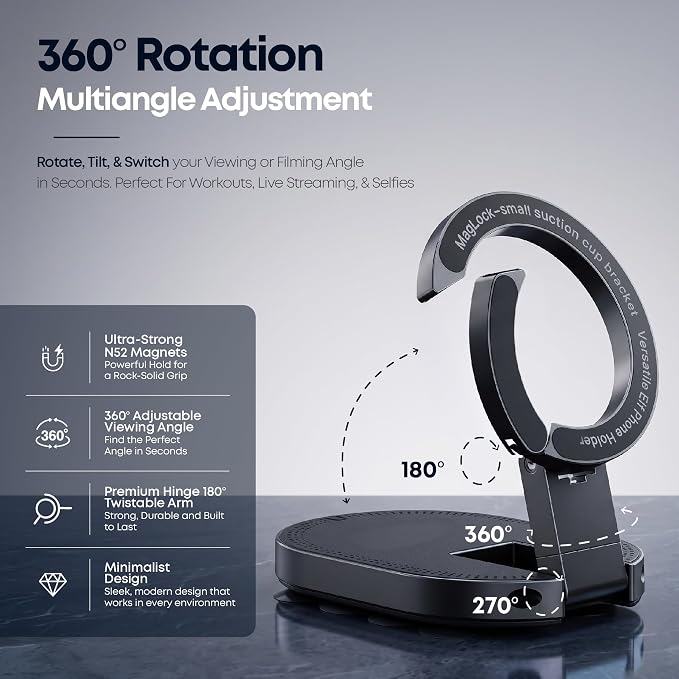 ALCOVA MagLock 3-in-1 Suction Magnetic Phone Holder for MagSafe | Phone Tripod Mount with Carabiner Clip, Compatible with iPhone 17-12, Ideal for Car Dashboard, Gym, Kitchen, Office - Image 3