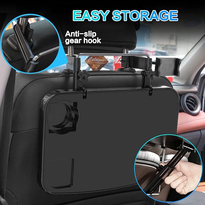 Foldable Car Seat Back Portable Tray with Phone Mount for Food Dining Drink and Laptop, Hanging Car Steering Wheel Tray(Upgrade) - Image 4