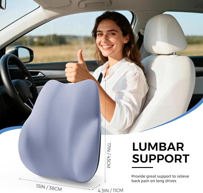 BEBAS Ergonomic Lumbar Support Pillow for Car, Memory Foam Car Back Cushion | Comfort Lumbar Pillow for Back Pain Relief, Breathable Washable Cover, Fits for Driving, Office, Wheelchair, Blue - Image 2