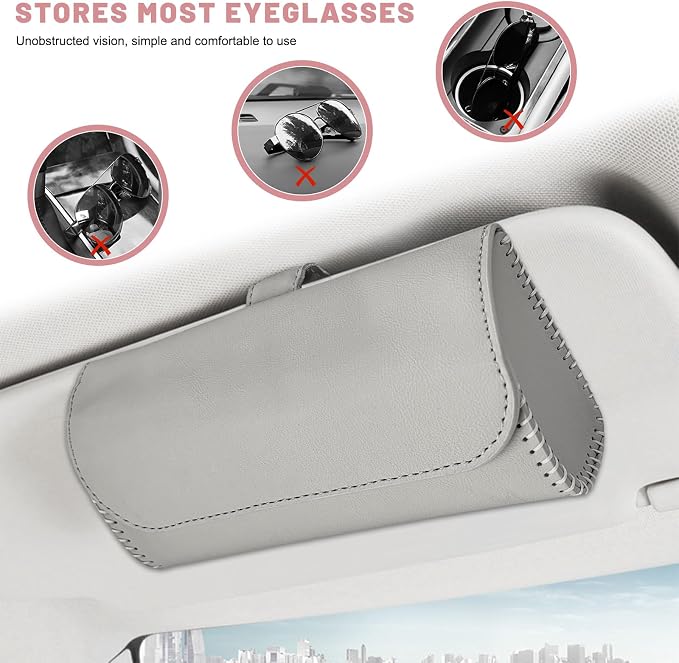 Sunglasses Holder for Car Visor, Auto Sunshade Eyeglasses Storage Case with Hidden Magnetic Closure, PU Leather Sunglass Protective Box for Most Vehicles Sun Visors (Light Gray) - Image 4