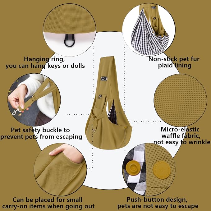 Dog Sling Carrier Soft Breathable for Small Dogs Cats 3-12 lb Khaki | Cat sling & dog carrier sling with safety tether, organizer pocket, soft fabric. Perfect for travel, hiking,outdoor - Image 3