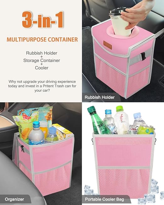 Pritent Car Trash Can with Lid Leakproof Car Garbage Bag Vehicle Trash Bin | Hanging Automotive Garbage Can,Multipurpose Car Accessories for Women Men Interior Car Storage Organizer(2.8 Gal,Pink) - Image 5