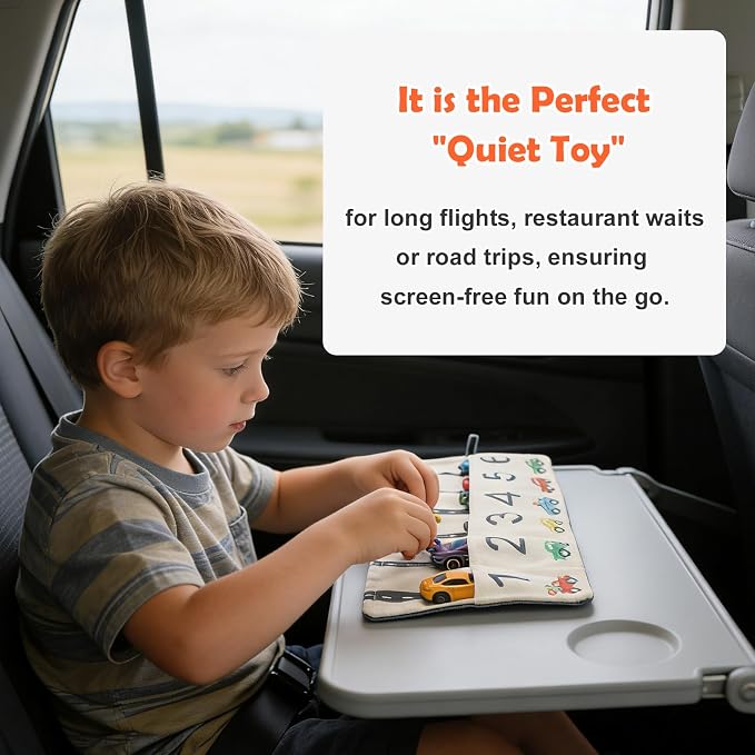 Portable Toy Car Storage Roll and Playmat - Travel Car Carrier Organizer Case for 6 Small Cars - Compatible with Hot Wheels & Matchbox, Toddler Quiet Play Activity Mat for Airplane - Image 4