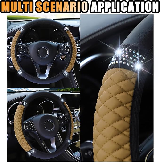 JOYCOURT 15 Inch Bling Soft Leather Car Steering Wheel Cover, Beige | Colorful Rhinestones Design, Auto Elastic Protector for Women Girls, Crystal Diamond Car Accessories for Most Cars, SUVs - Image 6