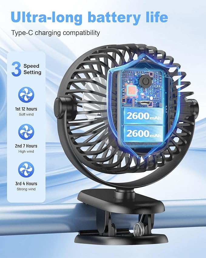 Portable Clip on Fan, Rechargeable Stroller Fan, USB Desk Fans With TYPE-C Port 5200 mAh Battery Operated 3 Speed 360° Rotatable Personal Small Mini Table Fan for Pram Car Seat Crib Golf Cart Camping - Image 5
