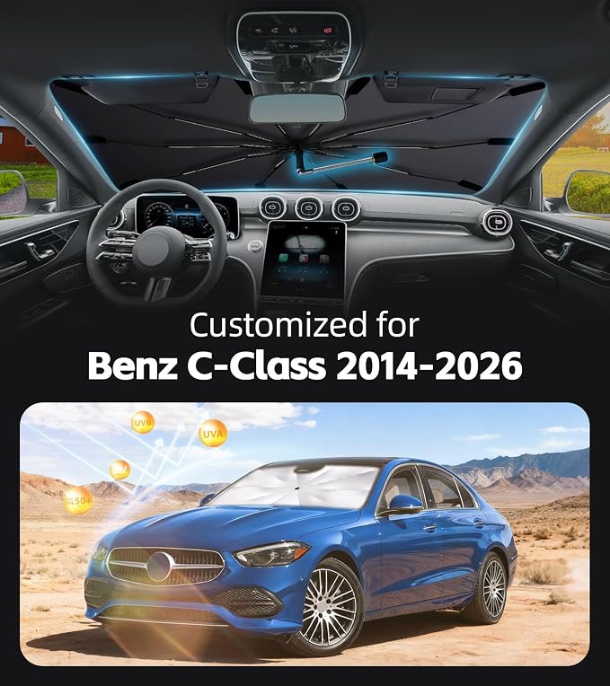 Windshield Sun Shade for Benz C-Class 2014-2026 with 360° Rotating Shaft | Custom Fit Umbrella Sunshade for UV Blocking, Interior Heat Protection, Easy Storage, UPF 50+ Cool Windshield Cover - Image 2