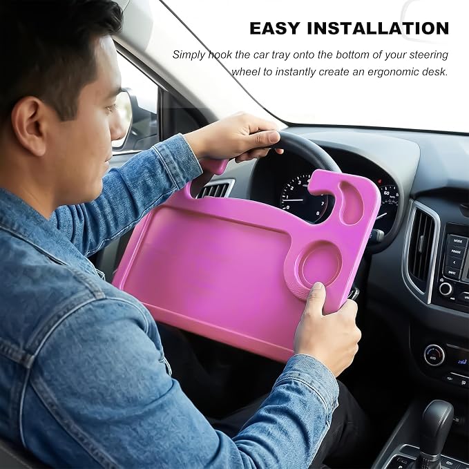 2 in 1 Car Steering Wheel Desk, Multipurpose Auto Table with Cup Holder and Pen Slot, Portable Double Sided Design Steering Wheel Tray for Eating & Work, Car Accessories (Pink) - Image 3