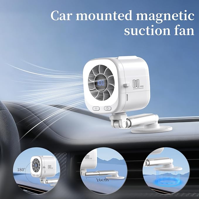 Car Fan for Driver & Backseat, Powerful Large Airflow Portable Fan with Extendable Arm, Rechargeable 3000mAh Battery, Magnetic Clip Mount, 5 Speeds, Quiet Cooling Fan for Car, Baby, SUV, Truck - Image 4