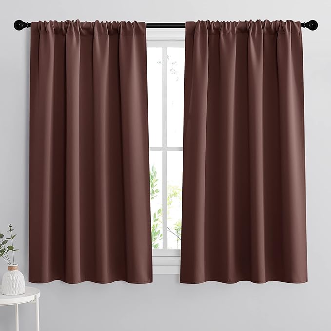 RYB HOME Short Blackout Curtains for Bedroom, Room Darkening Insulated | Rod Pocket, Summer Heat Light UV Blocking, Energy Saving, Drapes for Nursery, W34 x L45, Chocolate Brown, 2 Panels by RYBHOME