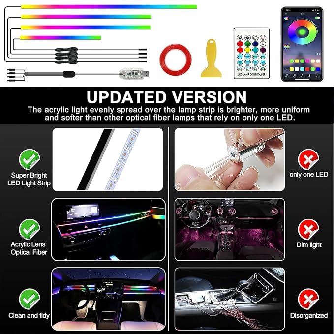 Ambient Lighting Car Led Lights Interior,116in USB Dreamcolor 4 in 1 Acrylic Neon Flexible Strip Fiber Optic LED Ambient Lighting Kits with Remote APP, RGB Music Lights Sync for Inside car Decorations - Image 5