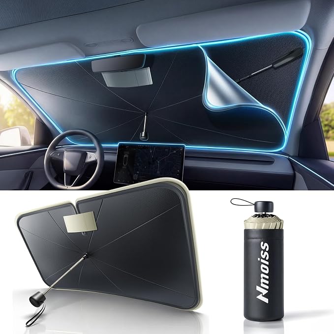 2026 Upgraded Nmoiss True Dual Layer Air Cool Windshield Sun Shade Umbrella | Drive to Superior Coolness & Comfort Block 99% UV Sun Rays & Heat Damage Keep Cool Protect Interior Zero Light Leakage XS by Nmoiss