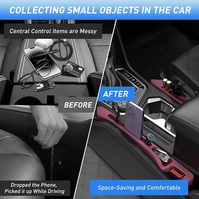 Car Seat Gap Filler 2Pack, Inserts Between Seats Console with Organizer Storage Upgraded Phone Holder Side Seat Gap Fillers Cars Front Seats Fill Plug Car Essentials for Vehicle SUV Truck (Wine Red) - Image 3