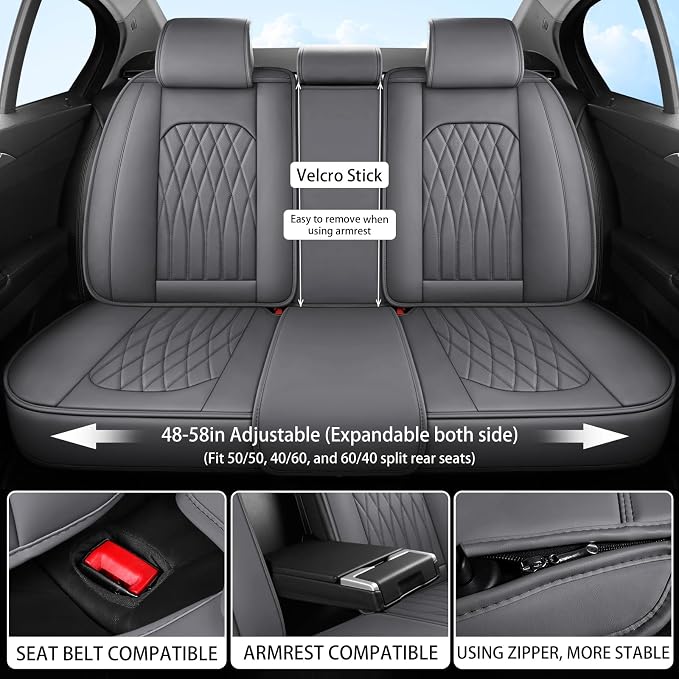 WELLDO Nappa Faux Leather Car Seat Covers Full Set, Gray | Waterproof, Non-Slip Seat Protector, 0.28in Thickened Cushion, Airbag Compatible, Universal for Cars SUV Truck Pickup - Image 8