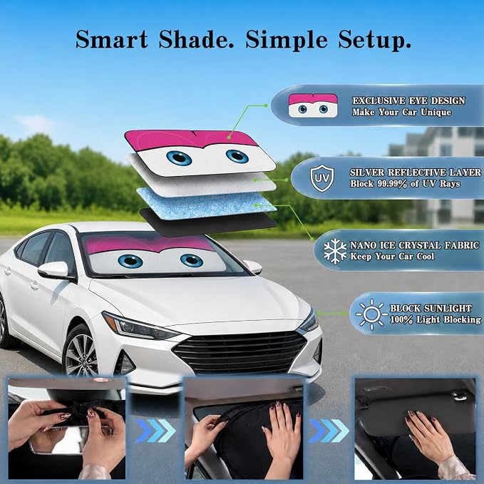 Car Windshield Sun Shade, Universal Fit Compact Sedan SUV, Cute Pink | 57 x 29.5" Car Sun Visor, Foldable Front Window Sunshade, UV Heat Protection, Cute Eyes Series - Image 4
