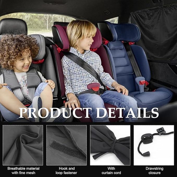 3PCS Car Privacy Curtain, Vehicle Blackout Divider Curtain with 2 Rear Side Window Shades, Car Sunshade Screen Cover Blocks Light for Sleeping Camping Fit Sedan SUV Truck - Image 3