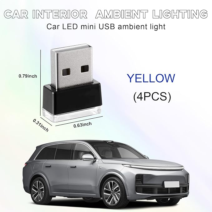 4 PCS USB LED Car Interior Atmosphere Lamp, Portable Mini LED Night Light, Plug-in USB Interface Trunk Ambient Lighting Kit, Universal Interior Car Accessories (Yellow) - Image 2