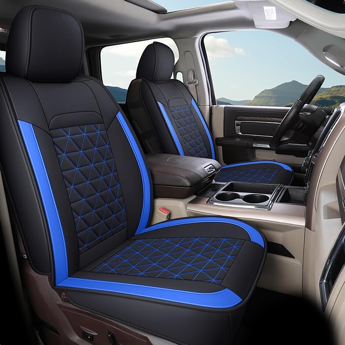 Coverado RAM Seat Cover Full Set, Leather Seat Covers Fit for Dodge RAM 1500, Truck Seat Covers Custom Fit for 2002-2026 Dodge RAM 1500 2500 3500 Crew Quad Cab with Curved Bench, Blue by COVERADOAUTO