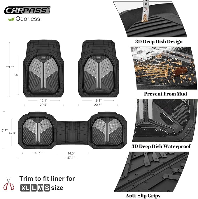 CAR PASS Heavy Duty Rubber Car Mats, Deep-Dish Car Floor Mats All Weather, Universal Two-Tone Trim-to-Fit for SUVs Trucks Sedans, Waterproof Anti-Slip, 3 Pieces V12 Black and Metallic Gray - Image 3