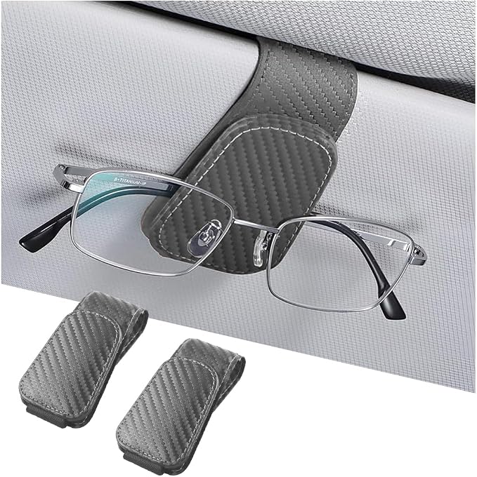 AICEL 2PCS Sunglasses Holders for Car Sun Visor, Carbon Fiber, Gray | Leather Eyeglasses Hanger Mounter, Magnetic Glasses Holder and Ticket Card Clip, Car Accessories, Universal Fit by AICEL