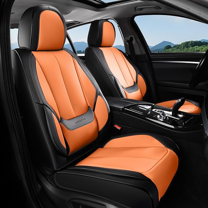 Coverado Seat Covers, Car Seat Covers Full Set, Leather Seat Covers for Cars, Car Seat Protector, Black Car Seat Covers Front Seats and Back Seats Universal Fit for Most Cars Orange - Image 2