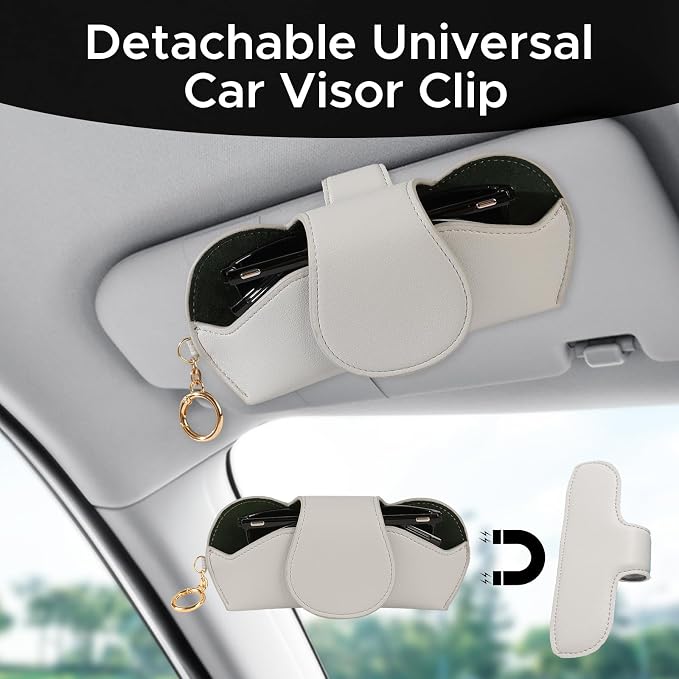 KINIVA Sunglasses Holder for Car Visor with Hanging Hook Portable Leather Glasses Storage Bag with Detachable Clips - Image 2