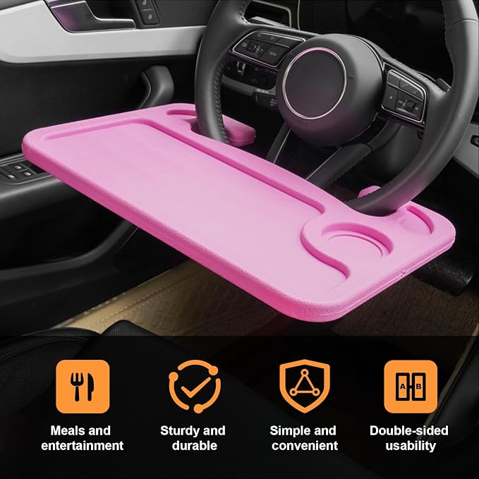 Dickno Car Steering Wheel Desk, Multipurpose Auto Steering Wheel Tray with Drink Holder, Steering Wheel Food Tray for Eating, Universal Vehicle Travel Accessories for Constant Travelers (Pink) - Image 4